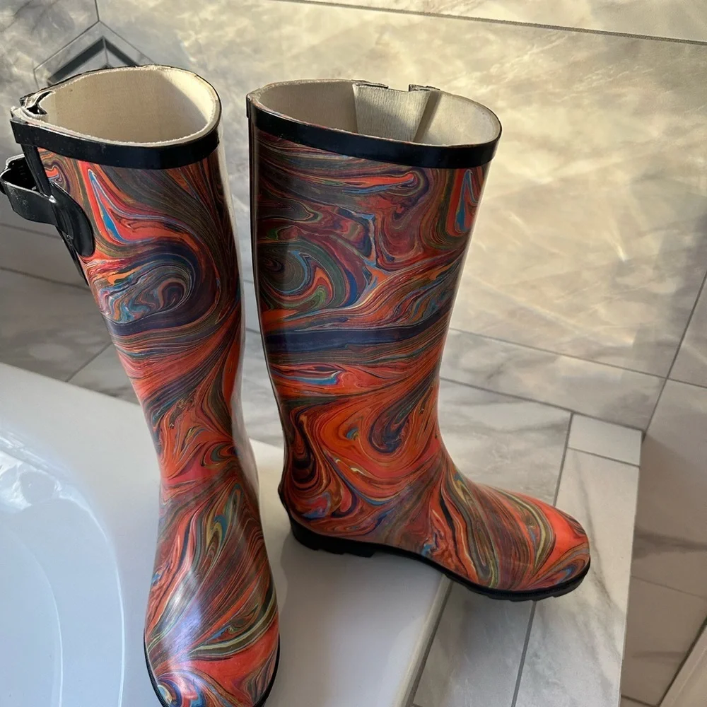 Corkys Women’s Rain Boots – Colorful Swirl Design Size 7